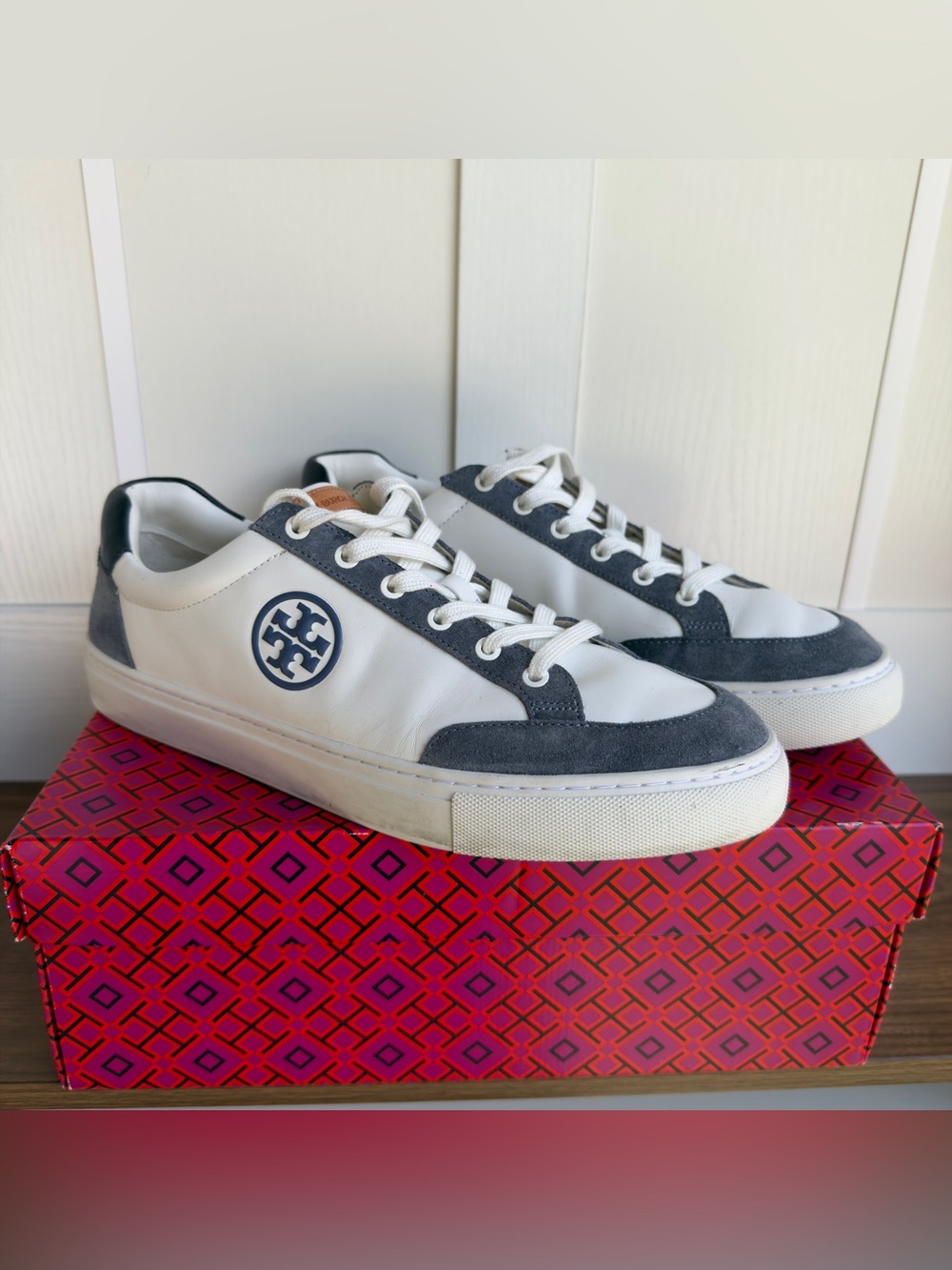 Tory Burch White Leather Sneakers with Gray Suede Trim